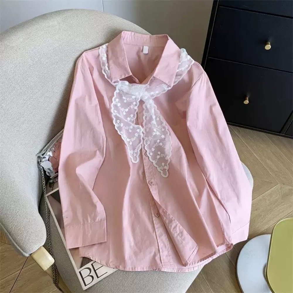 Pink Shirt with Lace Scarf Detail